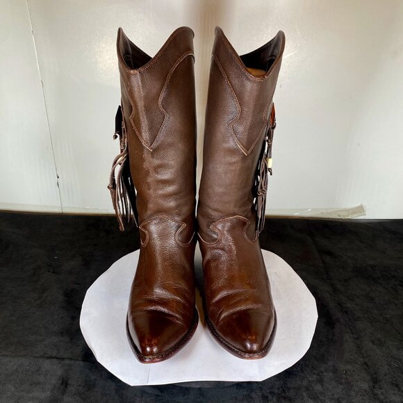 Women's 7.5 Dingo Brown Soft Leather Cowboy Boots with Fringe Design, - Picture 1 of 11